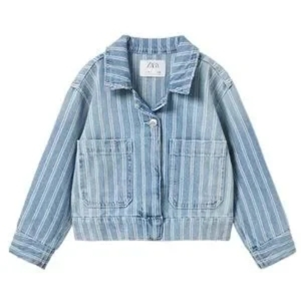 Zara Kids Light Blue Wash Striped Crop Denim Jean Jacket 9-10Y